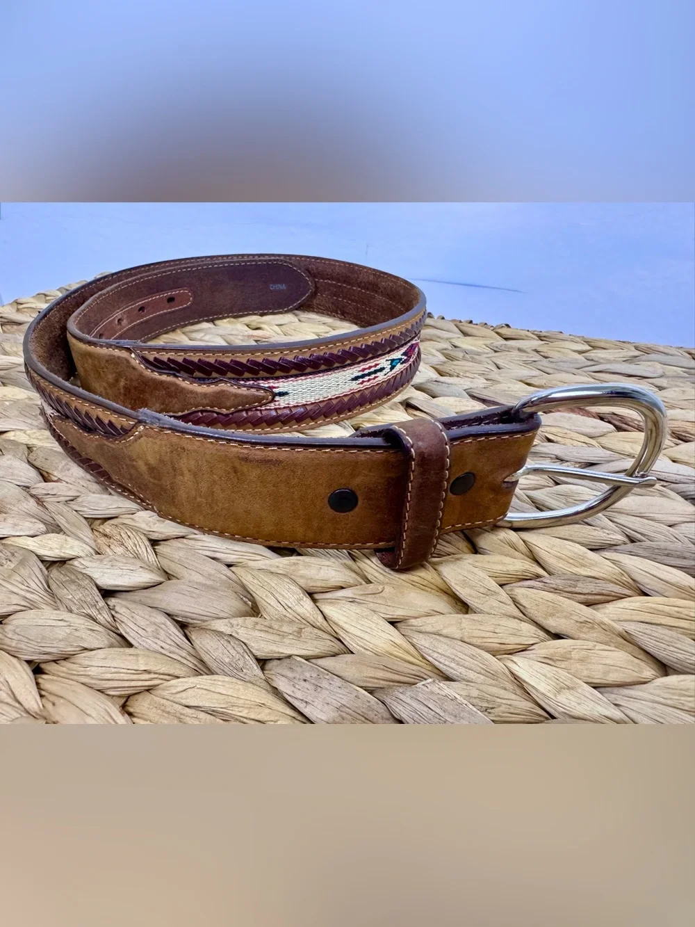 Silver Creek Men's Leather Western Belt Size 34 Southwestern Woven Brown